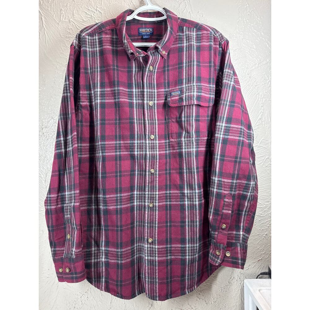 Smiths‎ Workwear Flannel Button Down Shirt Black Plaid Red Mens Sz Large